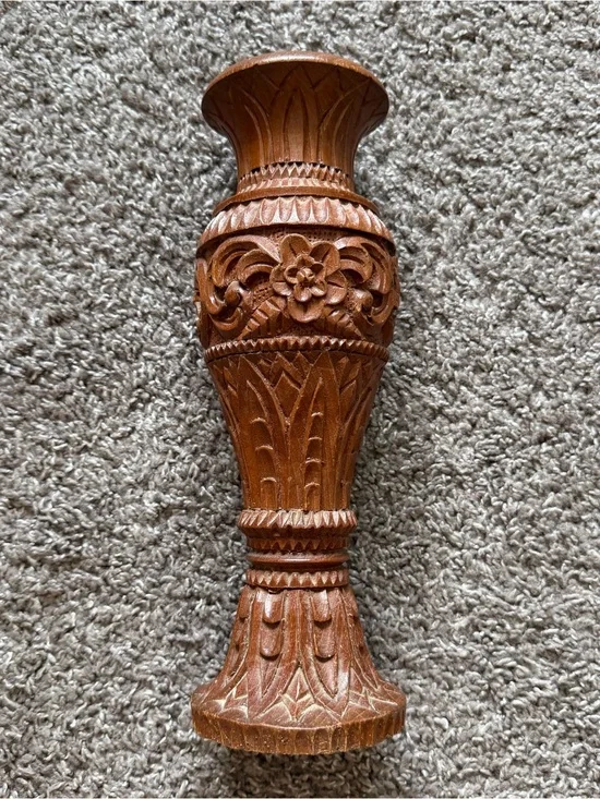 Vintage Hand Carved Wooden Vase Floral Decor 12”