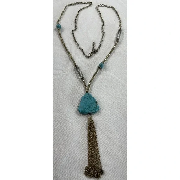 Large Turquoise Color Stone Boho Tassel Necklace Festival Statement