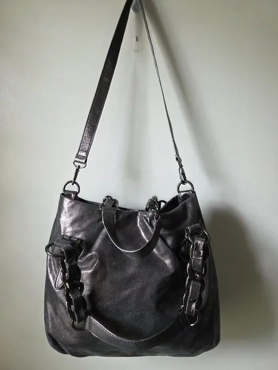 EUC LIKE NEW MICHAEL KORS GENUINE LEATHER GUN METAL CHUNKY CHAIN STRAP ROOMY BAG