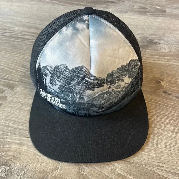 Never Summer Industries Mountain Graphic Trucker Hat Black Snapback Yupoong Cap