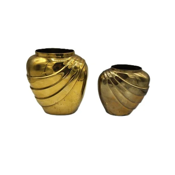 Vintage Brass Vases Art Deco Swirl Ribbon Heavy Metal Set of 2 Home Decor