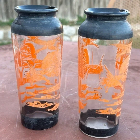 Set of 2 Vintage Bartlett Collins clear glass vase with orange ducks