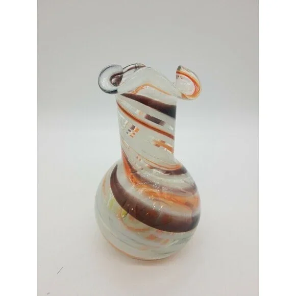 Vtg Vintage Ozark Art Glass Vase Brown Orange Ruffle Edge  5-1/2 Swirl