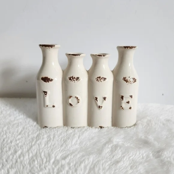 Love Ceramic Milk Jug Bottle Rustic Cream Brown Farmhouse Bud Vases Decor