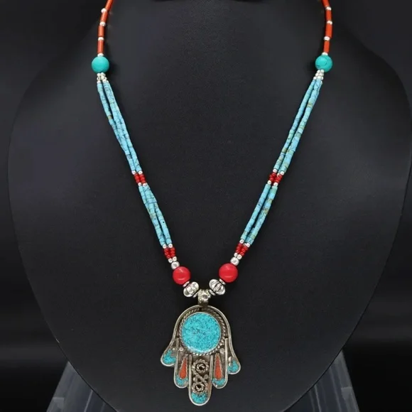 Tibetan silver Lapis, turquoise and coral Nepali necklace