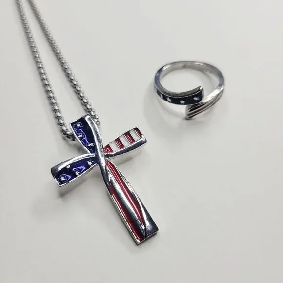 BOGO Buy This Patriotic Red White Blue Cross Necklace Get FREE Matching Ring!