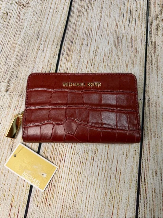 Michael Kors Croc-Embossed Zip Wallet in Burgundy with Gold Hardware