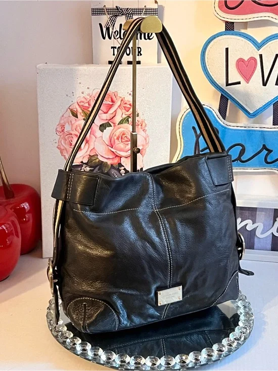 Michael Kors Black pebble Leather Shoulder Bag with Striped Strap