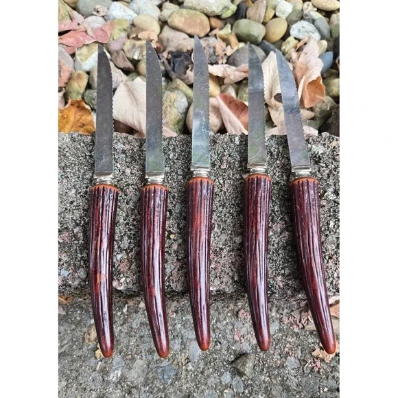 VTG Stainless Forgecraft USA Serrated Steak Knives Set‎ of 5 Faux Antler Handles