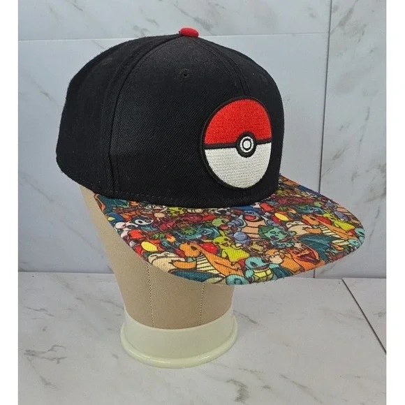 Pokemon Snapback Hat Black Multi Character Print Pokeball Patch‎ Cap
