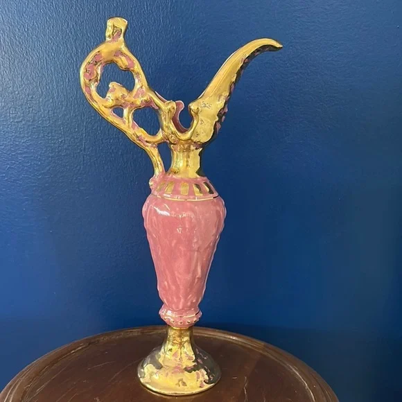 Vintage MCM E Palestine Goldra Pink/Gold Porcelain Ewer Pitcher 12”