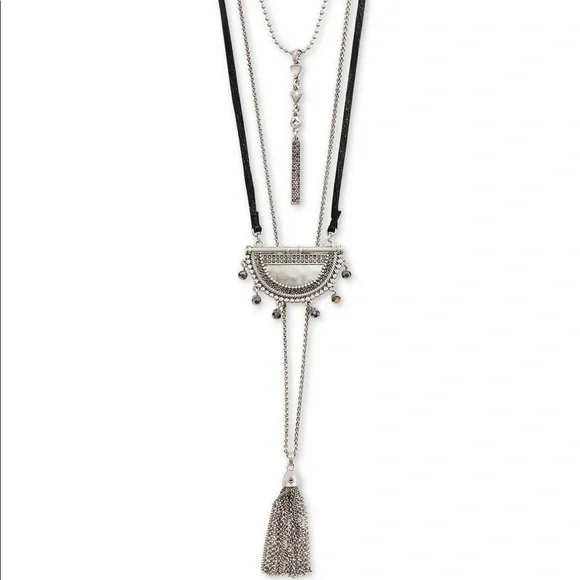 LUCKY BRAND LAYERED TASSLE NECKLACE - SIVER TONED - LEATHER