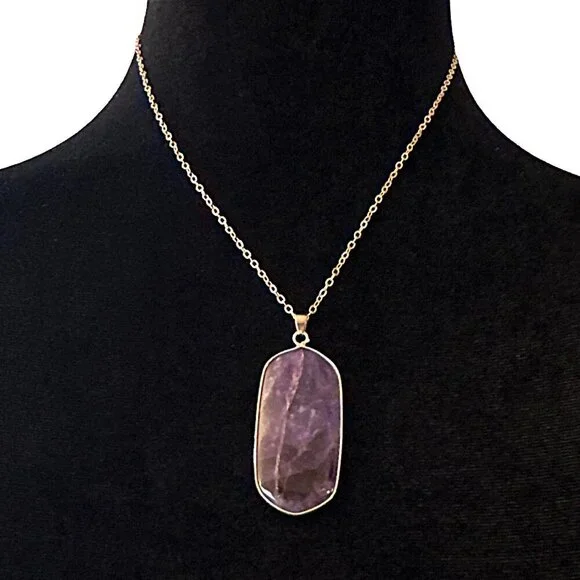 Natural Quartz Amythest Pendant Necklace Purple Gold Tone Adjustable Length