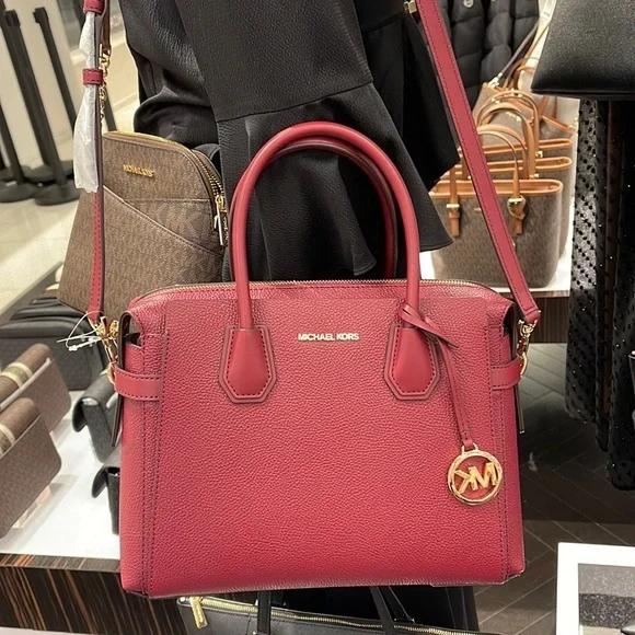 MICHAEL KORS Mercer Medium Two-Tone Pebbled Leather Belted Satchel Mulberry