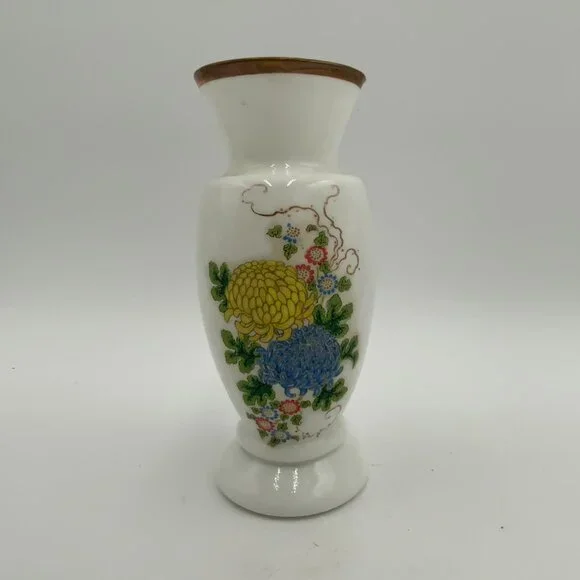 VTG Enesco Milk Glass Blue & Yellow Floral Vase w Gold Trim 7