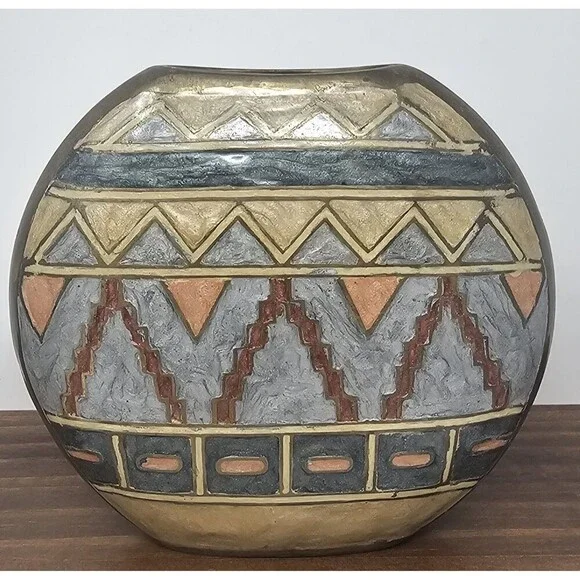 Vintage Small Geometric Enameled Painted Multicolor Brass Vase India 5