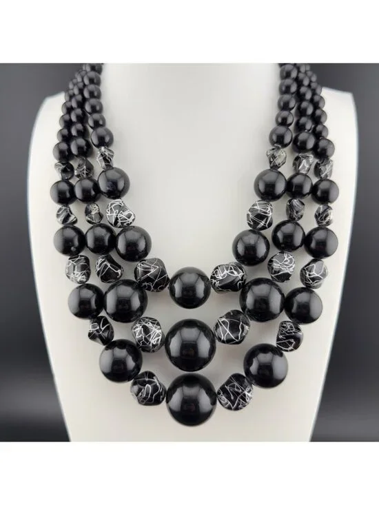 Vintage Beaded Statement Necklace Black Silver Acrylic Multi Strand