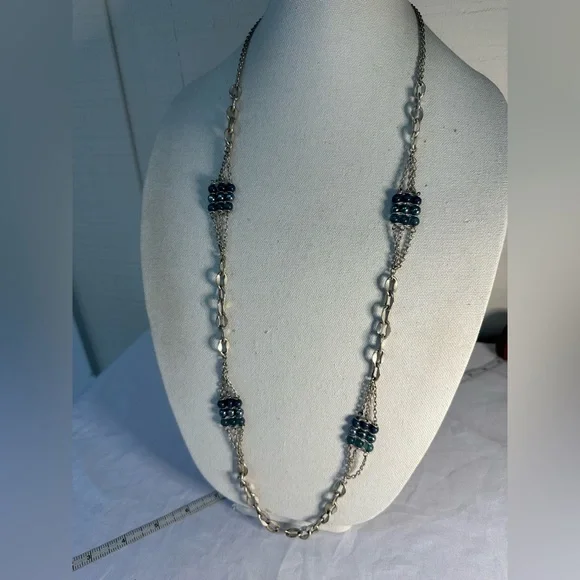 Long industrial chic chain and blue bead station necklace