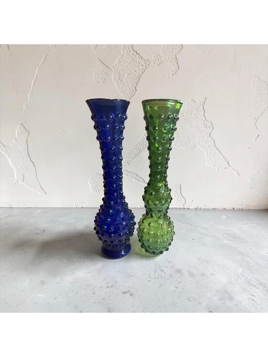 Hobnail Vase Green and Cobalt Glass Set of 2 Vases 9