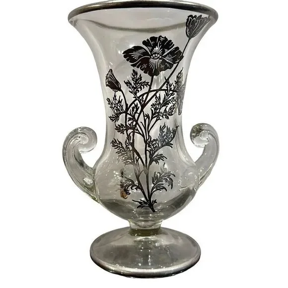 Silver City Footed Double handle Vase with applied Silver Floral  Flanders Patt