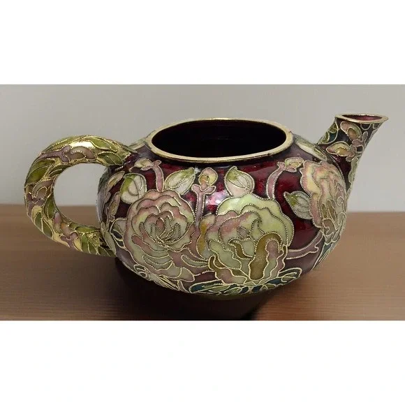 Vtg Floral Cloisonne Teapot Music‎ Box Works Moon River Limited Edition No Lid