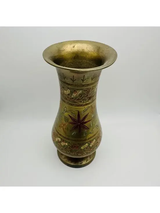 Vintage Decorative Brass Vase with Floral Engraving