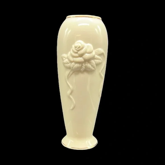Lenox Ivory Porcelain Bud Vase Rose Relief Gold Trim 7” USA Vintage