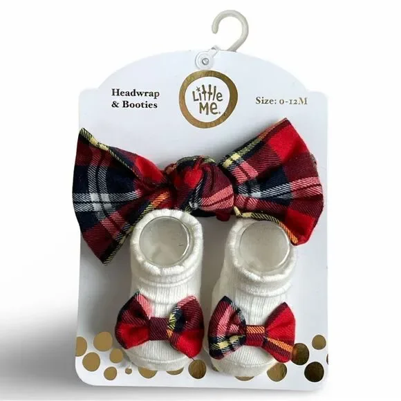 Little Me 0-12 Month Holiday Plaid Head-wrap with Bow & Matching Bootie Set NWT