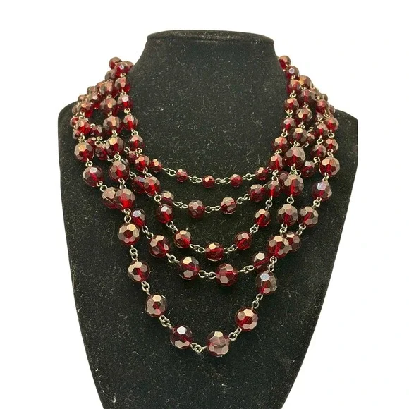 Vintage‎ Style Deep Red Glass Bead Multi Strand Bib Necklace 16-18