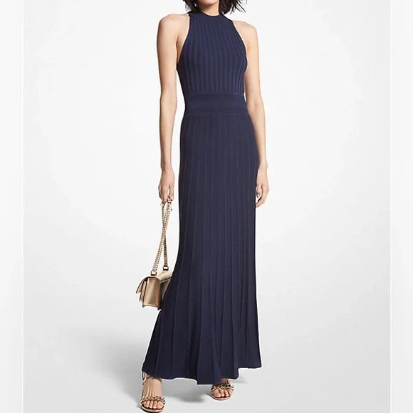 Michael Kors Ribbed Stretch Knit Halter Dress Black Size L NWT