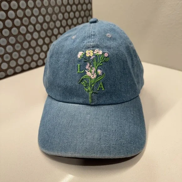 Los Angeles Hat Cap Blue Chambray Denim Strap Back‎ Floral Graphic Print Unknown