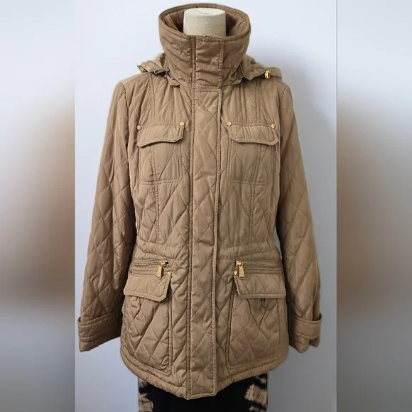 544 MICHAEL KORS Tan Diamond Quilted Hooded Utility Jacket