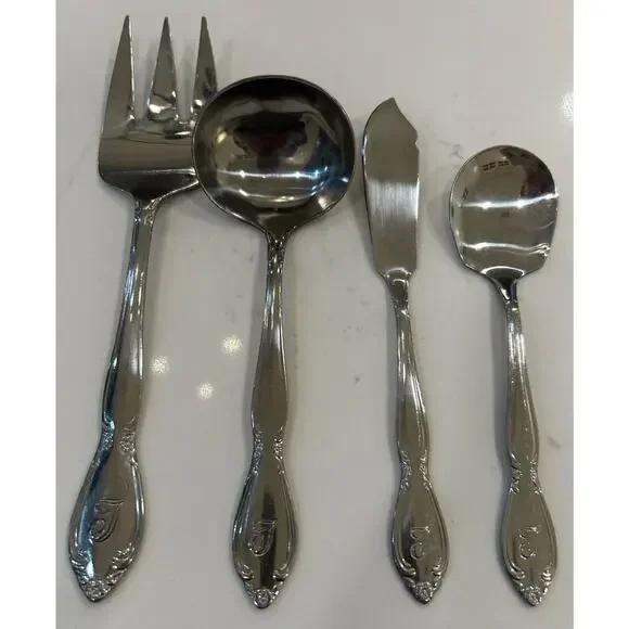 Vtg 4 Pc Serving Utensils “T” Monogram Custom Made Floral Stainless Flatware EUC