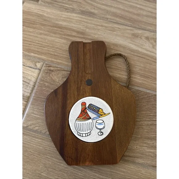 Vintage‎ MCM Wooden Cheese Board with Graphic Tile Inlay No Knife