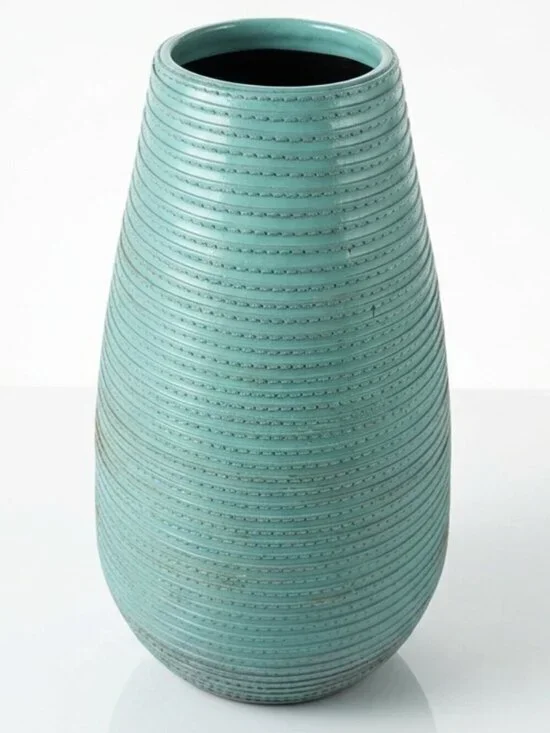 CRATE & BARREL Aqua Leather Spiral Wrapped Tall Vase Decor 10.5