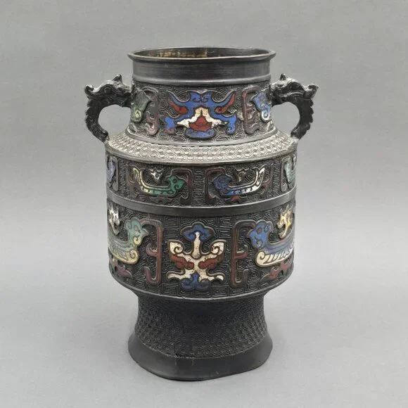 Antique Japanese Bronze Champleve Vase 11