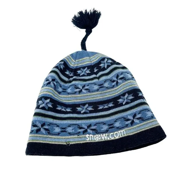 Smartwool‎ Kids 100% Merino Wool Fair Isle Striped Pom Snow Beanie Hat OS Blue