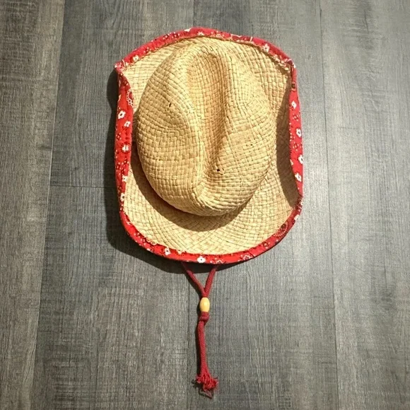 💞 Kids Dress-up / Costume Straw Cowboy Hat with Red  Trim & Chin Strap