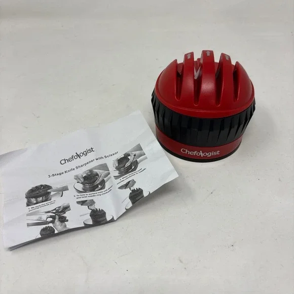Chefologist 3-Stage Knife Sharpener with Scissor Red Black Suction Base Kitchen