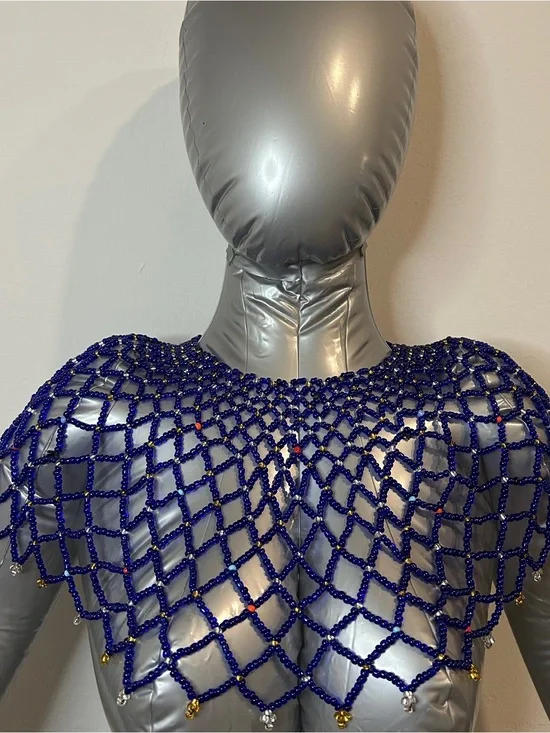 Handmade Blue Beaded Net Capelet Necklace