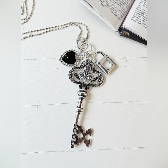 Gorgeous Black and Silver Toned Heart Lock and Key Pendant Necklace