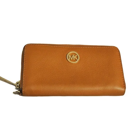 Michael Kors Zip Around Pebbled Leather Wallet Tan Acorn Gold Tone Logo