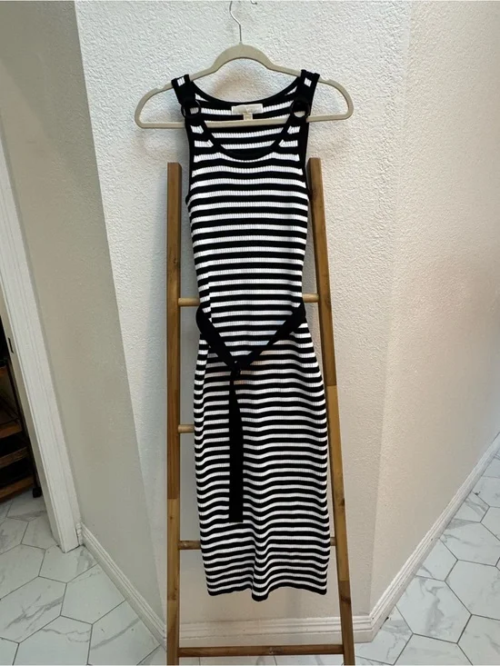 Michael Kors Black & White Striped Sleeveless Midi Dress with Belt