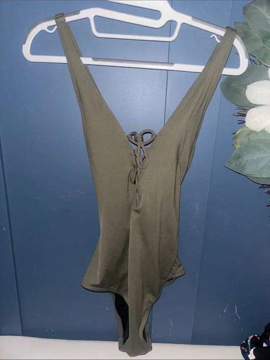 Michael Kors Olive Green Lace-Up V-Neck Women’s One Piece Swimsuit