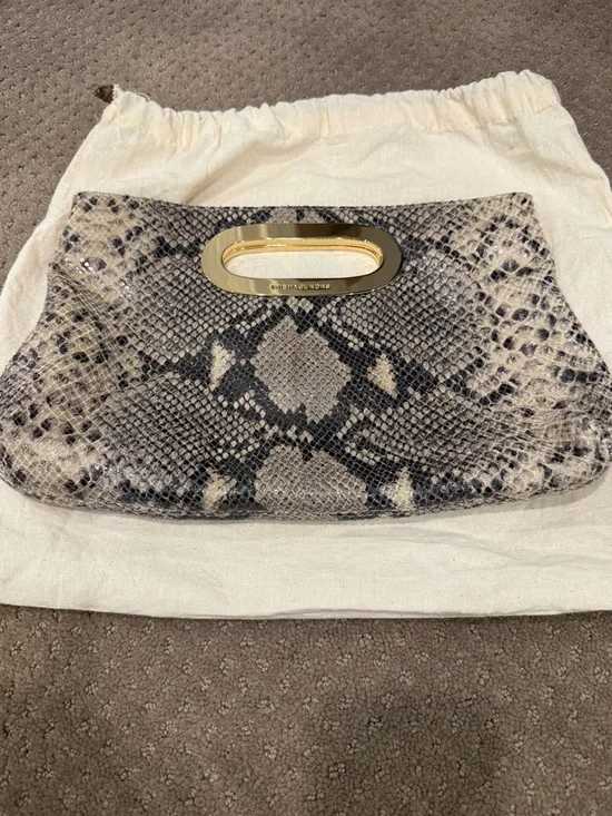 Michael Kors Beige and Black Snake-Print Clutch with Gold Hardware