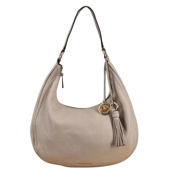 Michael Kors Bedford Large Pebbled Leather Hobo Bag Taupe Gold Hardware Tassel
