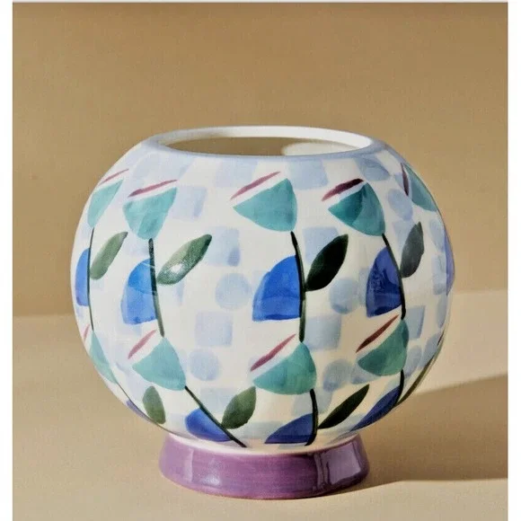 Anthropologie Copen‎ Vase Pot Planter Blue Abstract Modern Floral Blue Green 5