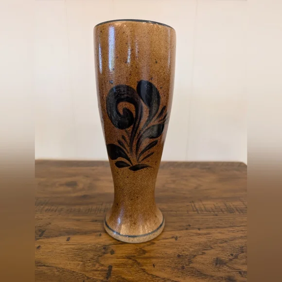 Vintage Stoneware Pottery Vase Blue Flower Decorated Vase 9.5” Tall