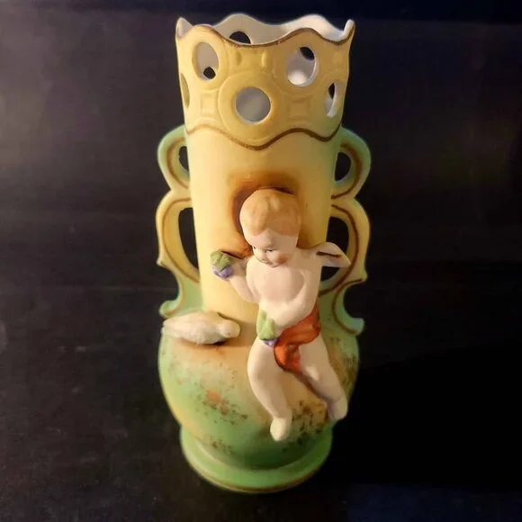 Dove & Cherub! Vintage Bisque Bud Vase Hand Painted Made in Japan 6