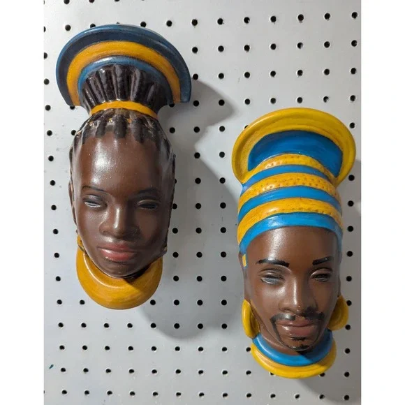 Mid-Century Modern African Bust Statuettes, Plaster Wall Hangings Atlantic Molds